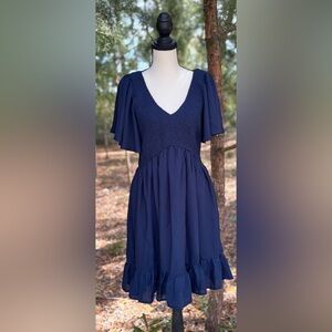 V-Neck Navy Smocked Dress with Flutter Sleeves